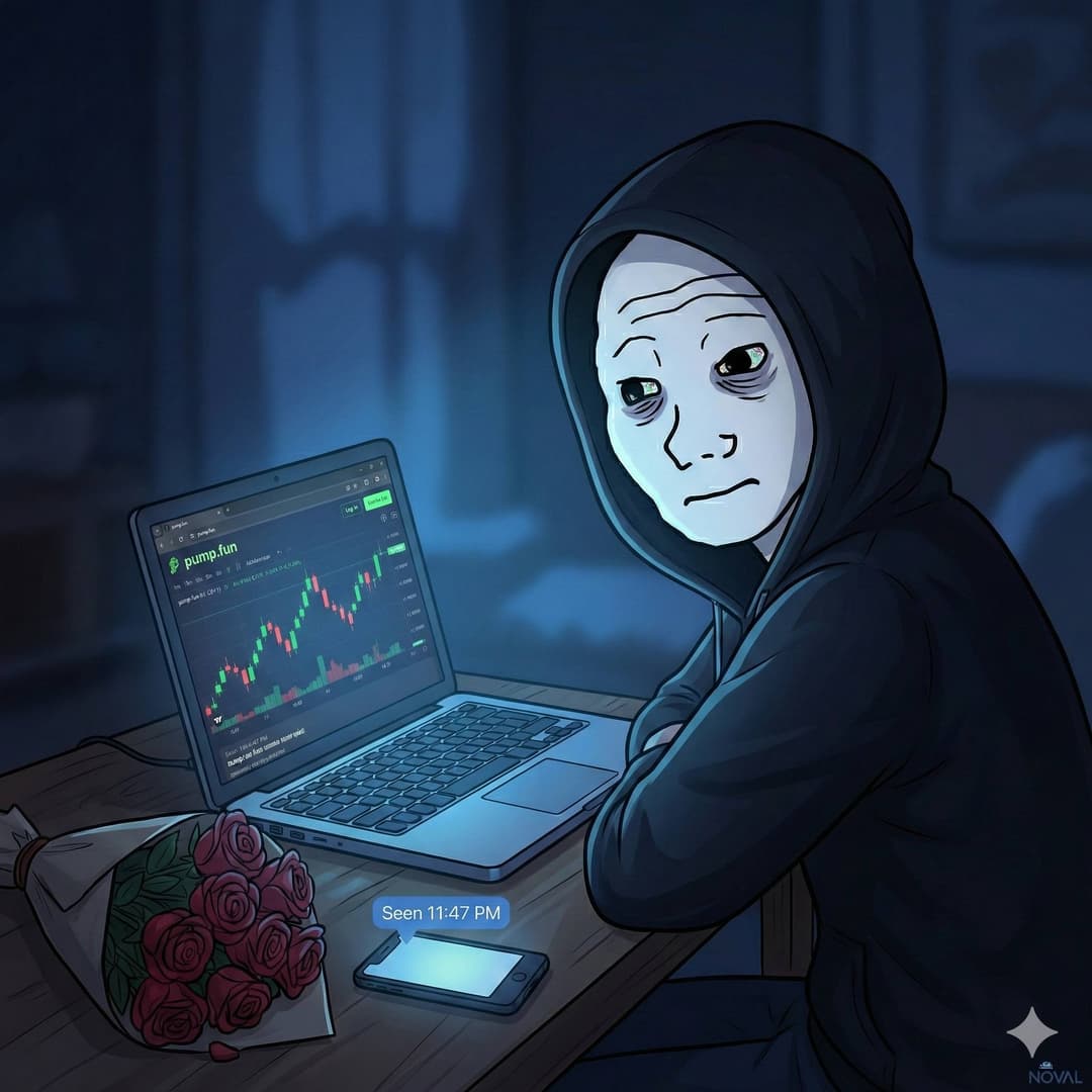 Sad degen watching charts on Valentine's night with roses on the desk and phone showing Seen 11:47 PM